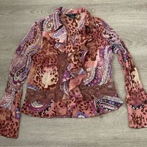 Sunny Taylor Y2K Paisley Animal Print Ruffle Blouse Size S